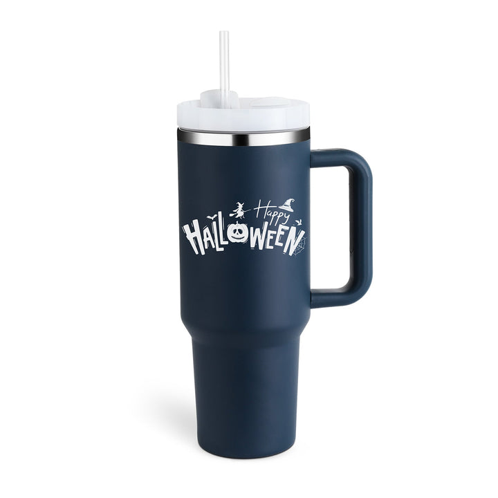 Portable insulated travel mug with handle & straw. Hydrate with hot/cold drinks anywhere.