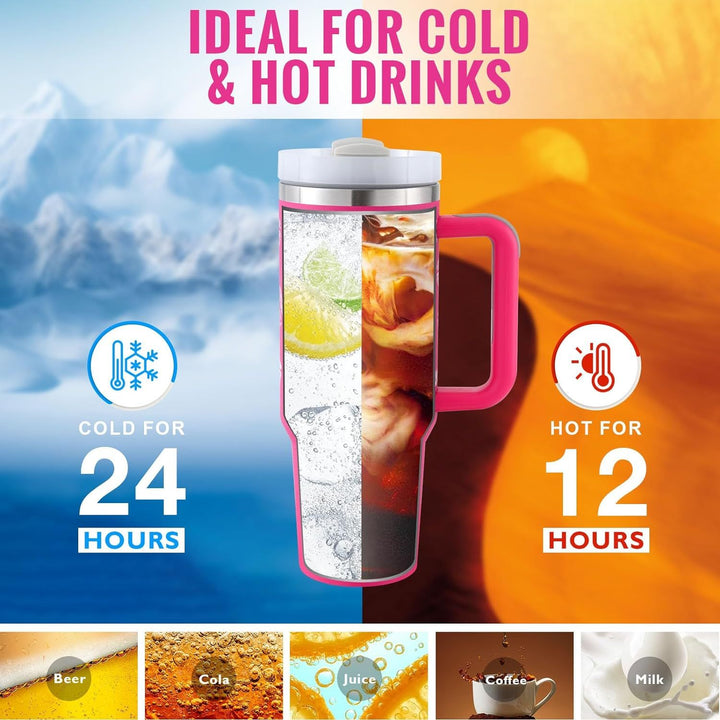 Large capacity reusable travel mug with handle & straw. Vacuum sealed for hot & cold hydration.