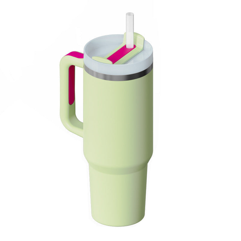 Large insulated straw mug with handle. Perfect for hot tea, cold water, travel, and office.