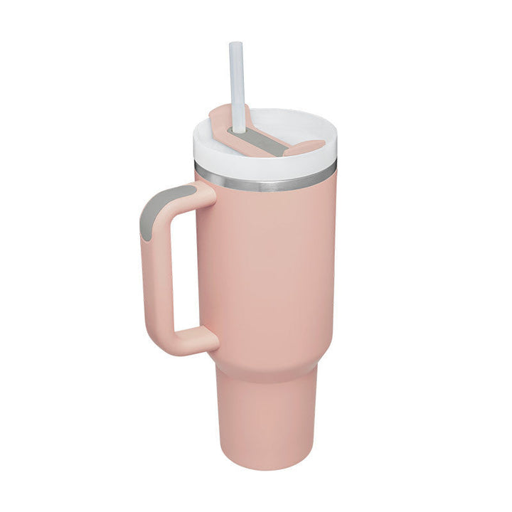 Unisex insulated handle mug with straw. Portable drinkware for hot coffee or cold water.
