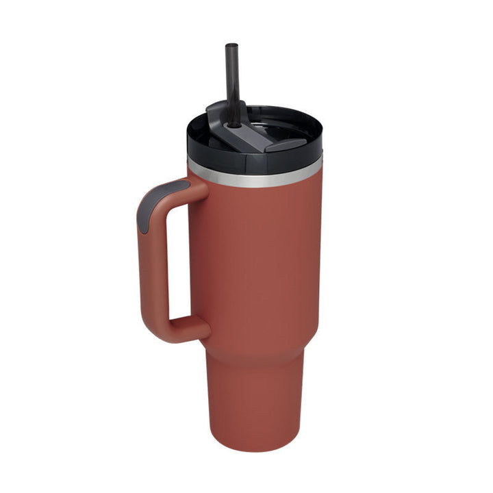 Reusable insulated travel mug with handle & straw. Enjoy hot or cold beverages anywhere.