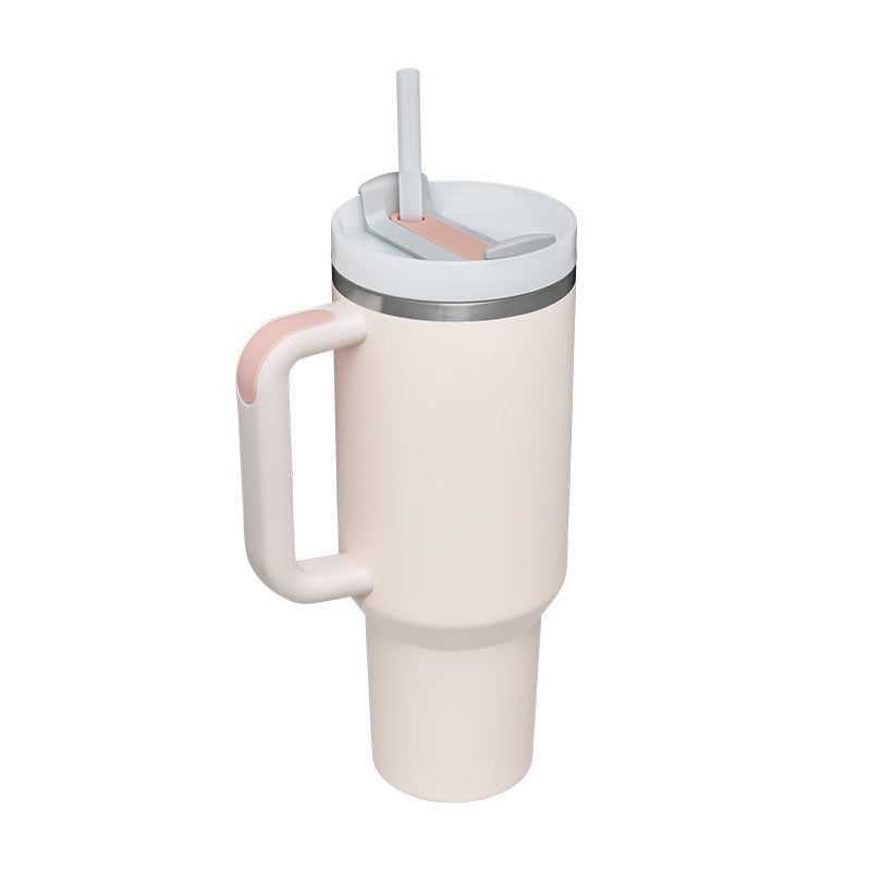 Portable insulated straw mug with handle. Great for hot coffee or cold water on adventures.