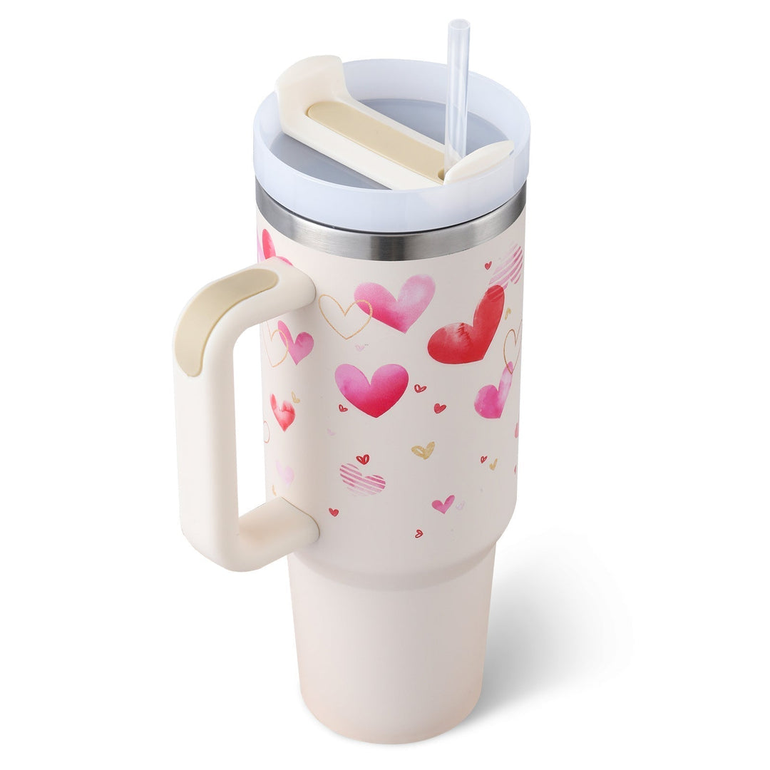 Unisex insulated straw mug with handle, ideal for hot or cold beverages on the go.