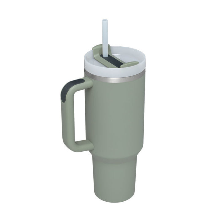 Reusable large capacity insulated mug with handle & straw. Enjoy hot or cold drinks anywhere.