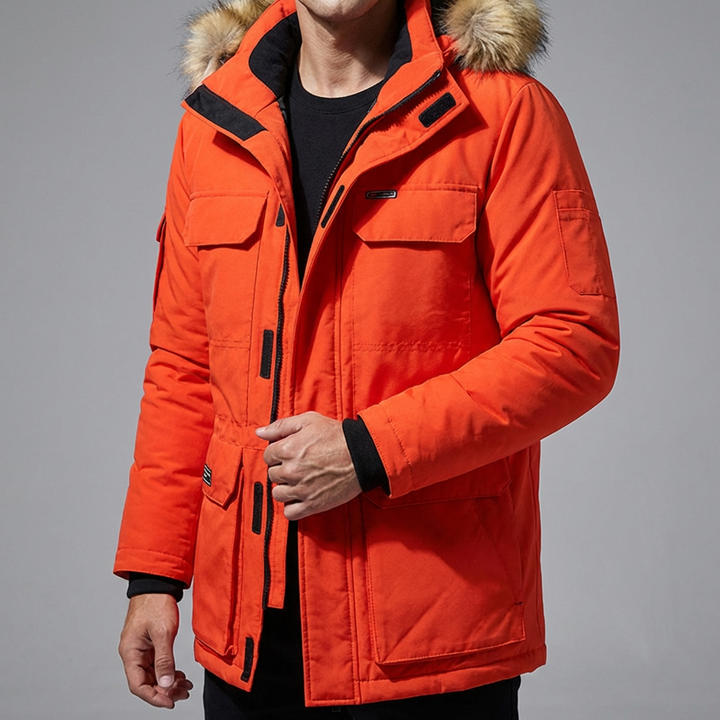 Unisex insulated winter parka jacket, black, with removable hood, front view, warm outerwear