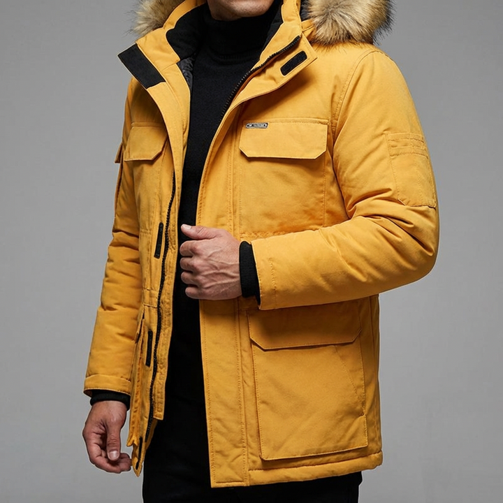 Unisex insulated winter parka jacket, brown, with multiple pockets, practical cold weather gear