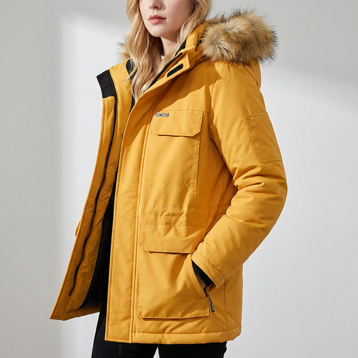 Group of friends wearing various colors of unisex insulated winter parkas, outdoor fashion