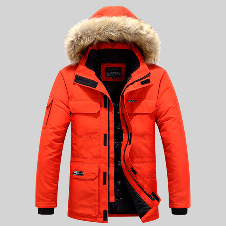 Unisex insulated winter jacket, royal blue, with hood down, showcasing stand-up collar, adaptable