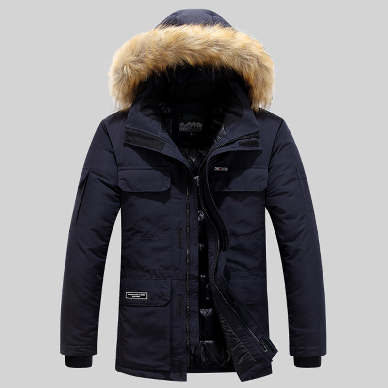 Close-up of a sturdy zipper and button placket on a unisex winter parka, reinforced protection