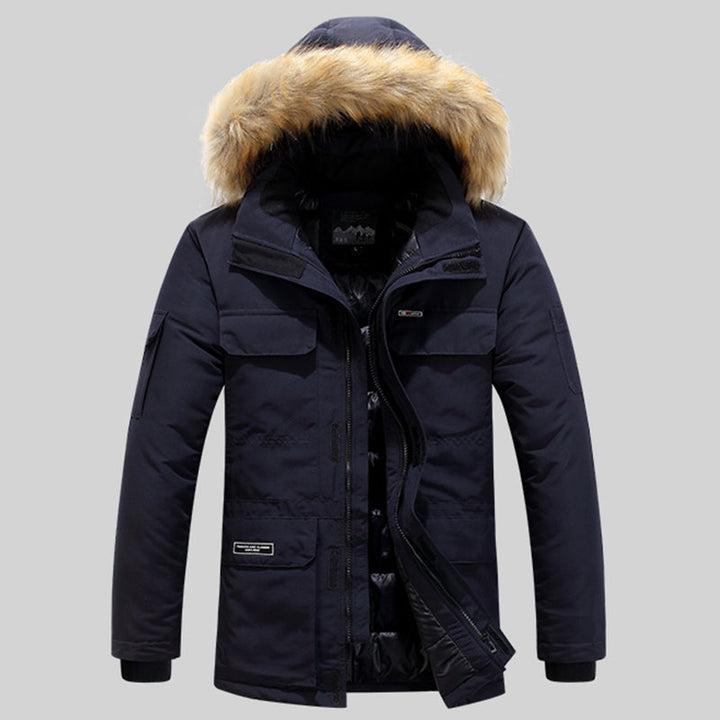 Close-up of a sturdy zipper and button placket on a unisex winter parka, reinforced protection