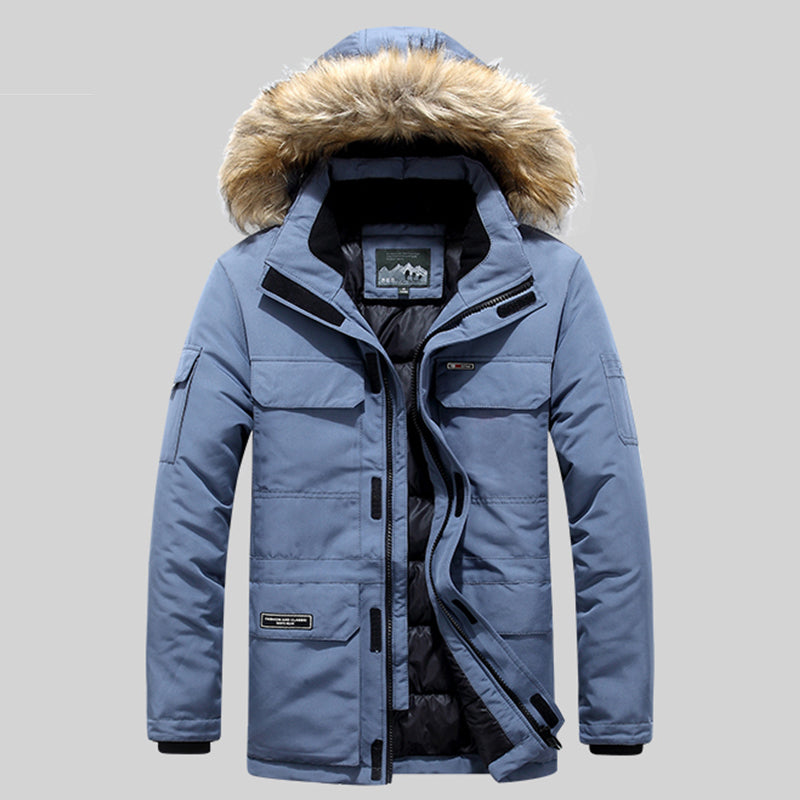 Unisex insulated winter parka jacket in beige, on hanger, ready for winter adventure, versatile