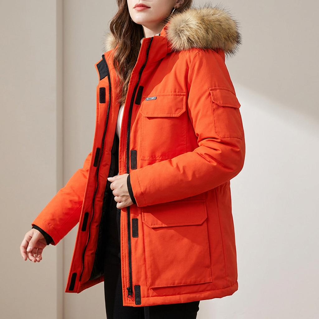 Unisex winter coat, navy blue, cotton-padded, with zip and button closure, cold weather