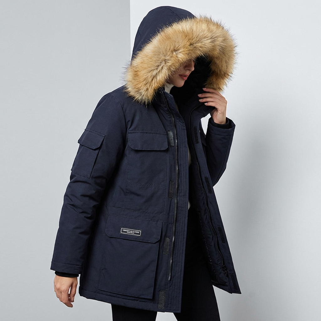 Detail of removable hood on unisex insulated winter parka, showing faux fur trim, warm