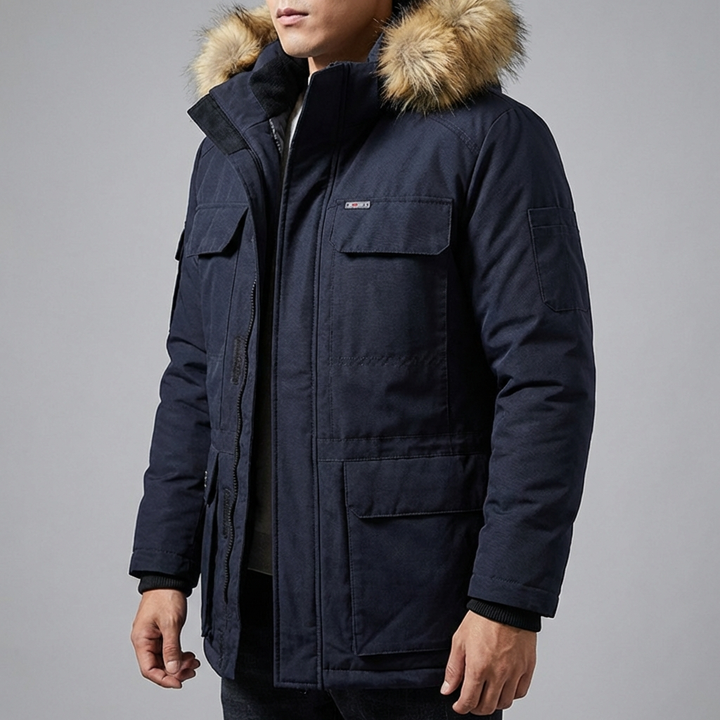 Side view of model wearing unisex insulated winter parka jacket in gray, cozy outerwear