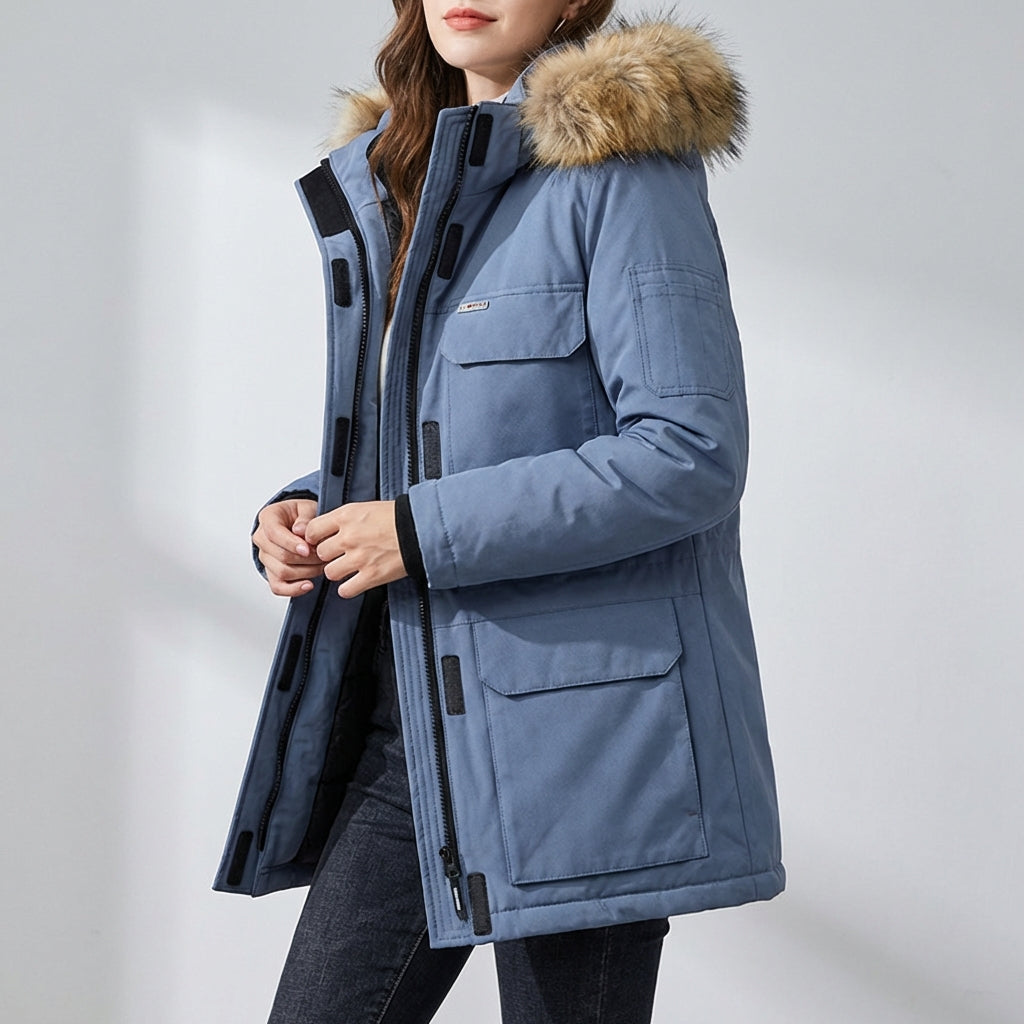 Unisex insulated parka jacket in deep red, hood on, suitable for extreme cold, stylish