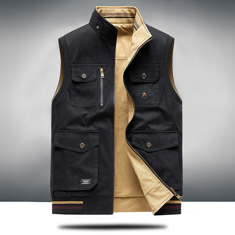 Multi-pocket unisex utility vest in khaki, offering a structured fit for versatile casual wear.