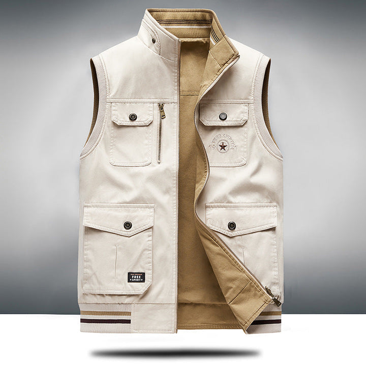 Khaki structured utility vest, a unisex apparel piece designed for practical and stylish outerwear.