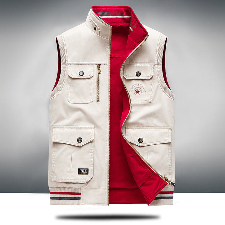 Versatile unisex utility vest in structured khaki, showcasing a functional multi-pocket design.
