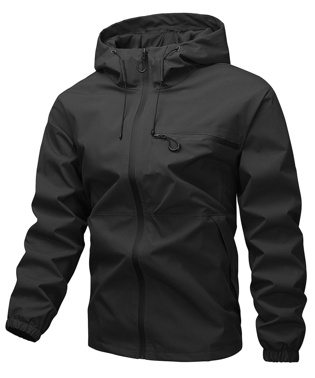 Back view of unisex breathable lightweight jacket, ideal for outdoor active wear, black color.