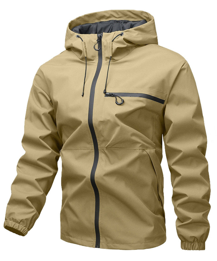 Closeup of breathable fabric on unisex outdoor jacket, showing texture, suitable for hiking.