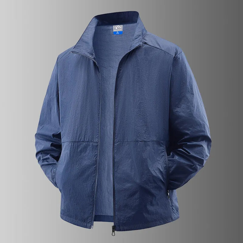 Close-up of lightweight, quick-dry fabric on a unisex sun protection jacket with UV defense