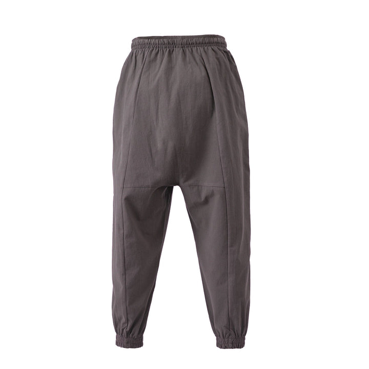 Close-up of the texture of cotton linen unisex harem pants, highlighting the breathable fabric and quality.