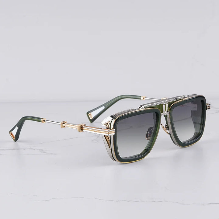 Close-up of luxury architectural sunglasses, showcasing the unique frame and gradient lens detail.