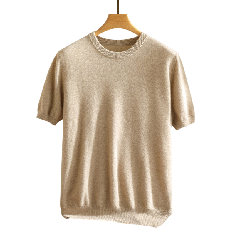 Unisex luxury cashmere crewneck tee, soft, relaxed fit, breathable, and comfortable for everyday wear.