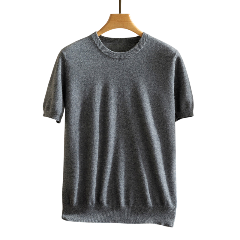 Close-up of a soft, luxurious cashmere crewneck tee, highlighting its smooth texture and premium quality.