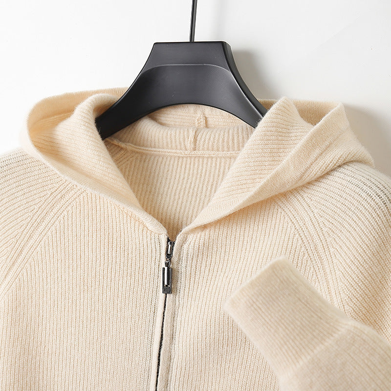 Hanger shot of a Unisex Merino Wool Full-Zip Hoodie, showcasing the premium merino wool fabric.