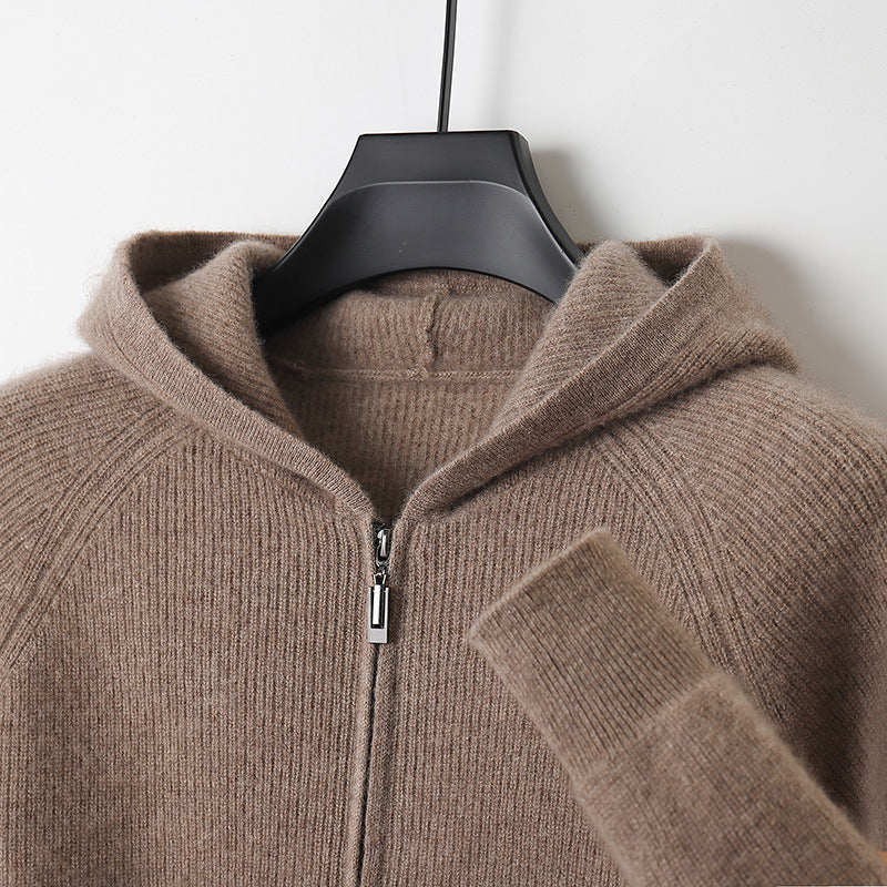 Close-up of the ribbed cuffs on a Unisex Merino Wool Full-Zip Hoodie, knitwear for warmth.