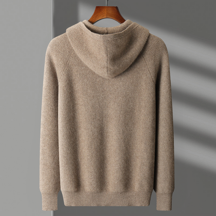 Unisex Merino Wool Full-Zip Hoodie with its hood up, illustrating warmth and comfort.