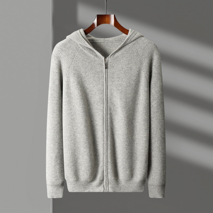 Unisex Merino Wool Full-Zip Hoodie styled with jeans, a classic and comfortable casual wear look.