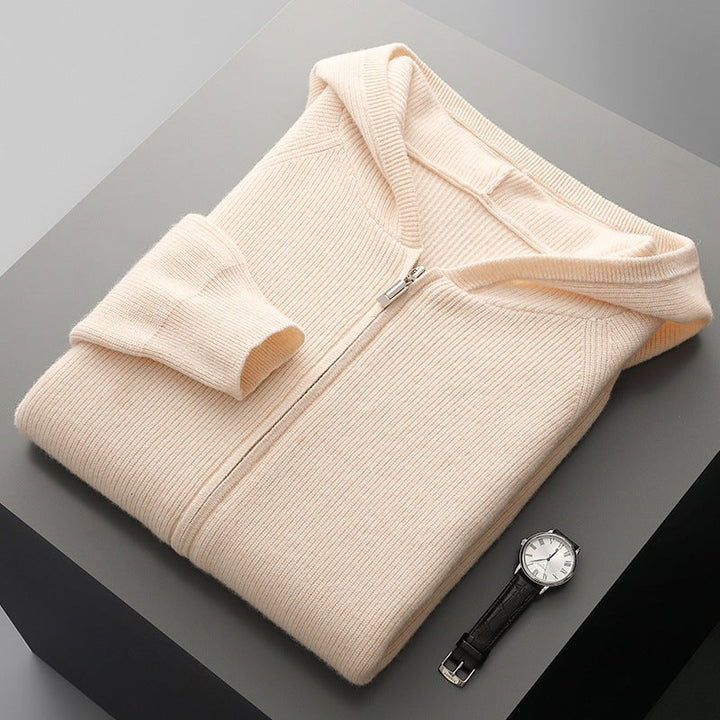 Detail of the kangaroo pockets on a Unisex Merino Wool Full-Zip Hoodie, practical design.