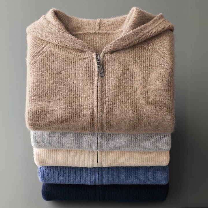 Close-up of the soft texture on a Unisex Merino Wool Full-Zip Hoodie, showcasing comfortable knitwear.
