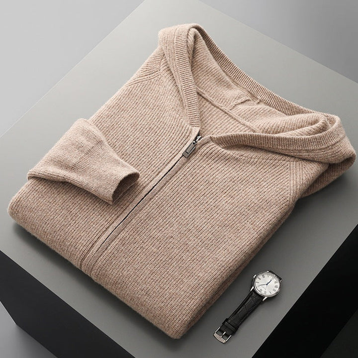 Full-length view of a Unisex Merino Wool Full-Zip Hoodie, perfect for comfort and layering.