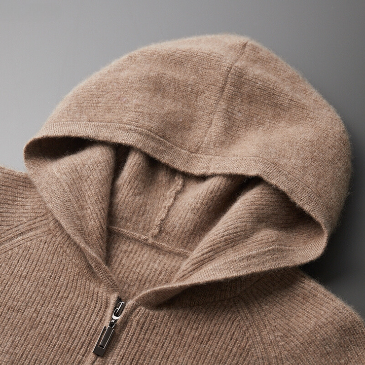Back view of a Unisex Merino Wool Full-Zip Hoodie, showing its relaxed and comfortable fit.