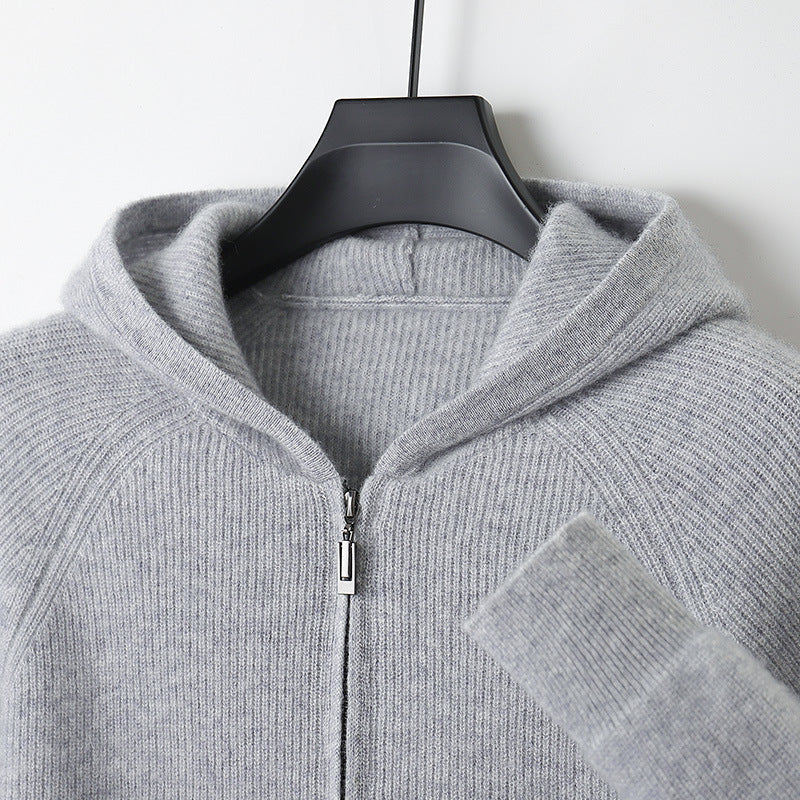 Hood detail of a Unisex Merino Wool Full-Zip Hoodie, emphasizing its cozy knitwear design.