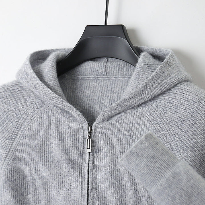 Hood detail of a Unisex Merino Wool Full-Zip Hoodie, emphasizing its cozy knitwear design.