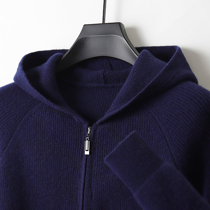 Side profile of a person wearing a Unisex Merino Wool Full-Zip Hoodie, great for layering.