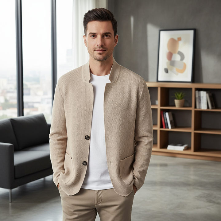 Black modern wool cardigan, collarless, a versatile unisex sweater for everyday style.