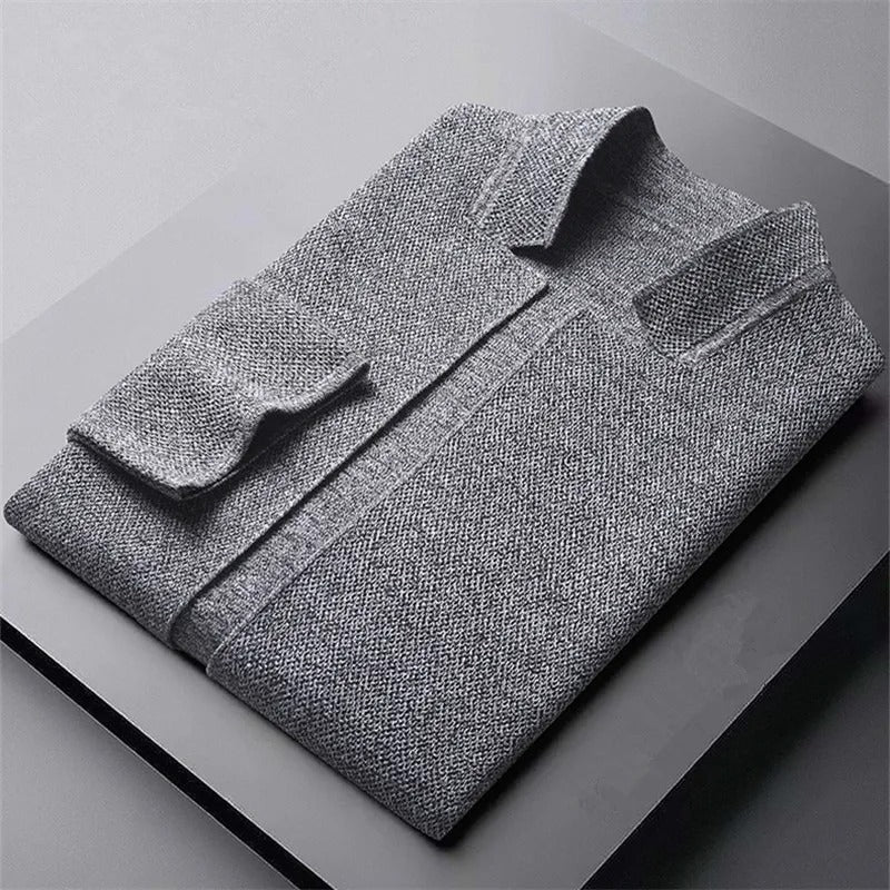 Lightweight collarless gray wool cardigan, a modern and soft knit unisex sweater.