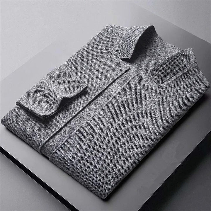 Lightweight collarless gray wool cardigan, a modern and soft knit unisex sweater.