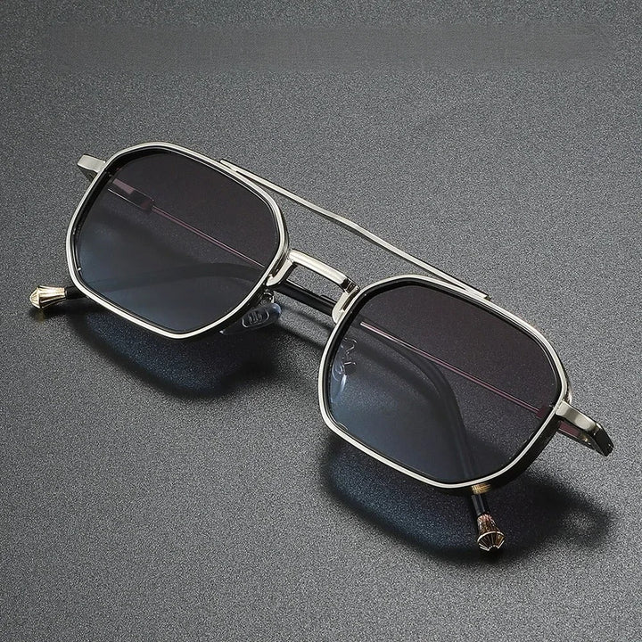 Close-up of modern square frame sunglasses, unisex design, highlighting quality craftsmanship.