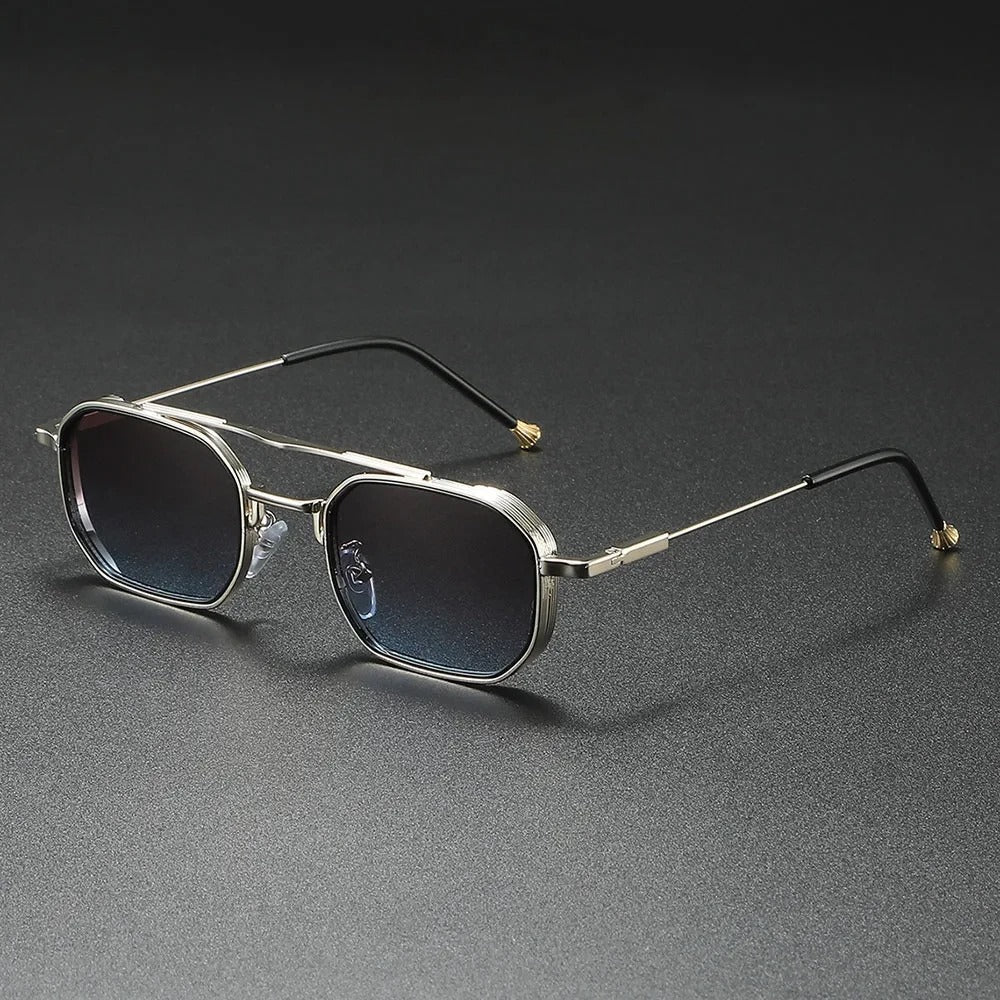 Trend-setting unisex square frame sunglasses, showcasing dark lenses and a sleek design.