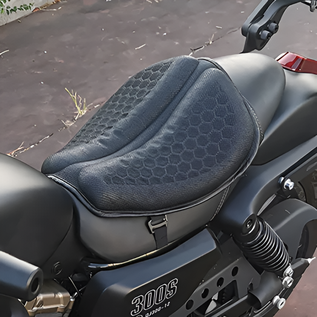 Ergonomic gel seat pad for motorcycle riders. Provides superior comfort & support on long distance journeys.
