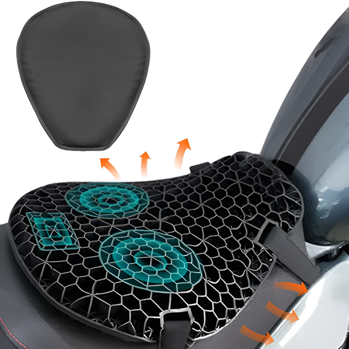 Breathable motorcycle gel seat pad. Reduces vibration & enhances comfort for extended, enjoyable rides.