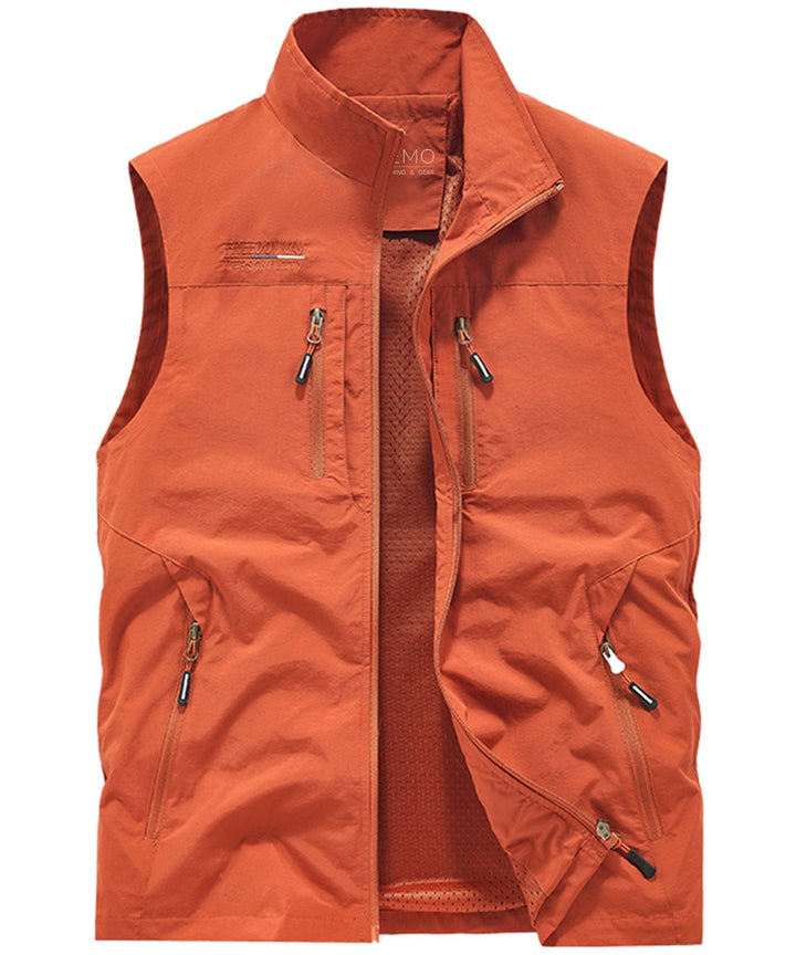 Unisex sleeveless jacket designed for outdoor activities, featuring many functional pockets.
