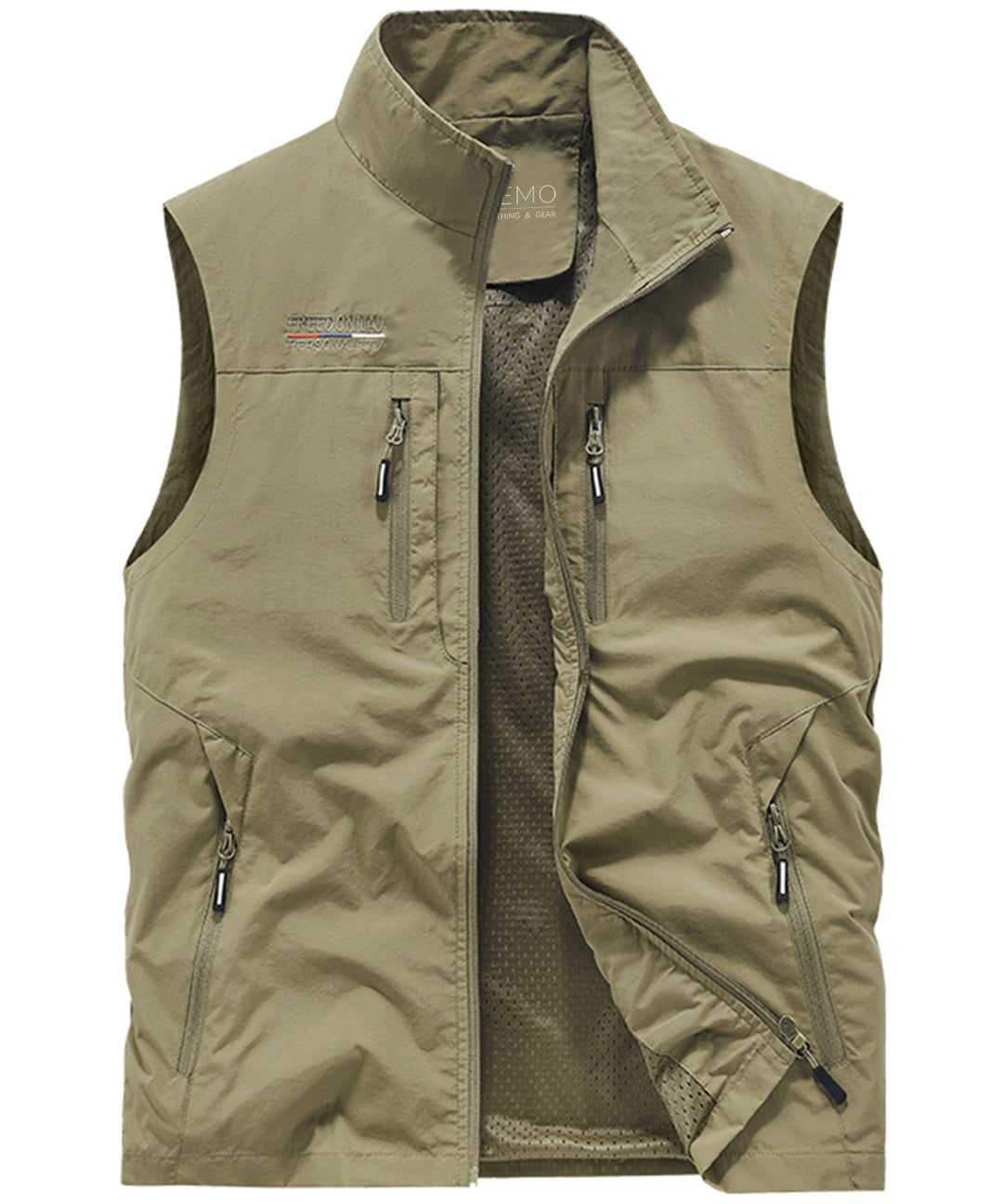 Model wearing a versatile unisex outdoor vest, showcasing its ample storage for hiking.