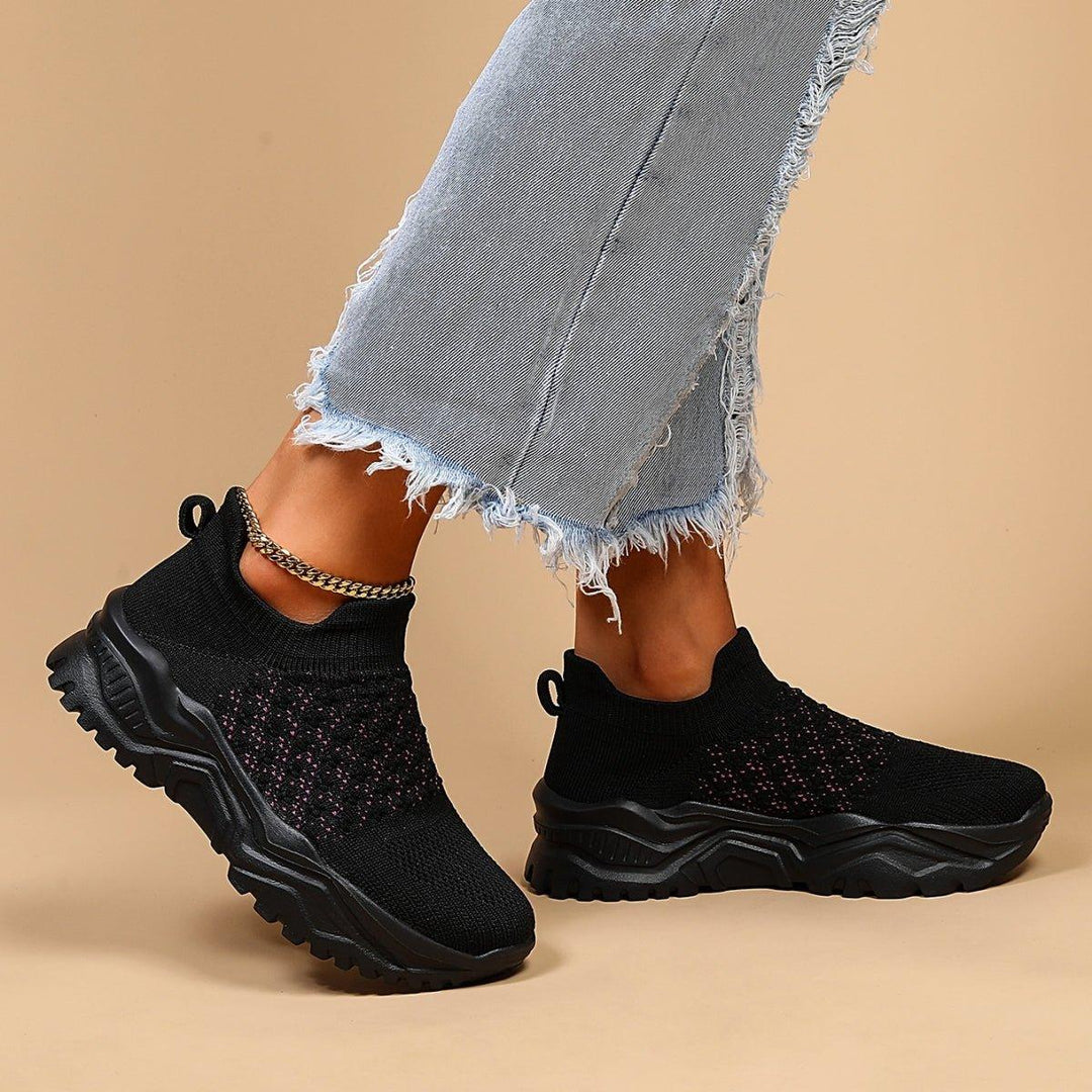 Ortho Cloud Slip-Ons, featuring black base with vibrant pink polka dots, comfort shoes